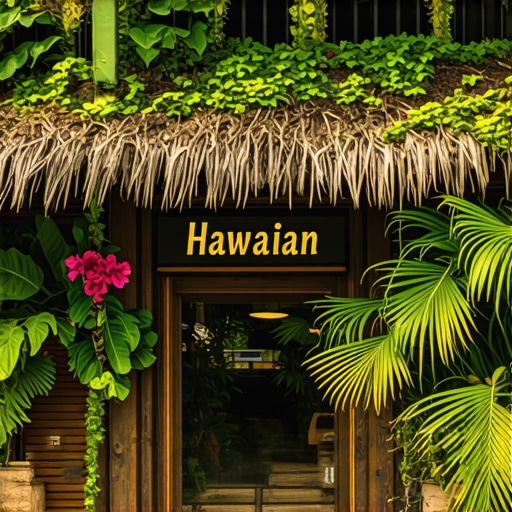 Authentic Hawaiian Business in Honolulu Hawaiian storefront with traditional decor and lush greenery