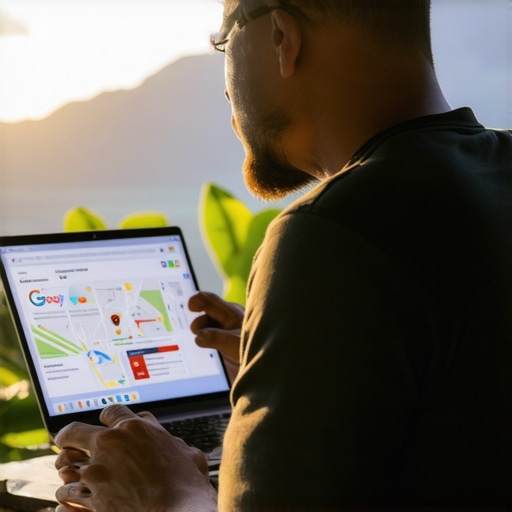 Hawaii Business Owner Analyzing Maps Data Hawaii business owner reviewing Google Maps analytics with scenic Hawaiian background.