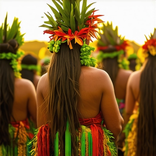 Community participating in a vibrant Hawaiian festival with traditional attire and decorations