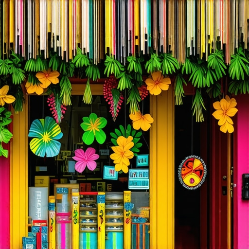 Hawaiian Storefront Celebrating Local Culture Colorful Hawaiian storefront decorated for a local festival, vibrant and inviting.