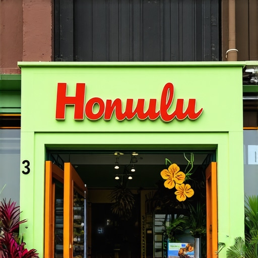 Honolulu Business Exterior Colorful Honolulu storefront with Hawaiian decor and lush greenery