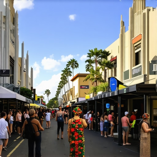 Vibrant Honolulu street with local businesses and cultural festivities