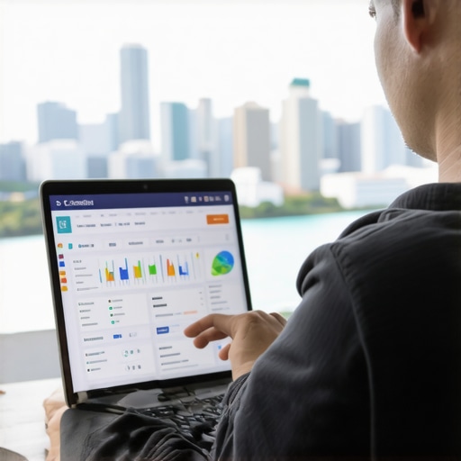 Person reviewing local SEO metrics on a laptop with Honolulu cityscape in background.