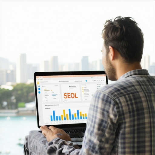 Analyzing Local SEO in Honolulu Person reviewing local SEO analytics with Honolulu skyline