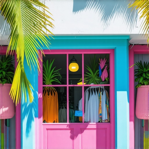 Colorful Hawaiian shop on a busy street with palm trees