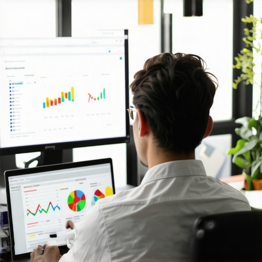 Maintaining Local SEO with Tools Person reviewing local SEO metrics on computer screens showing BrightLocal and Google Search Console dashboards.