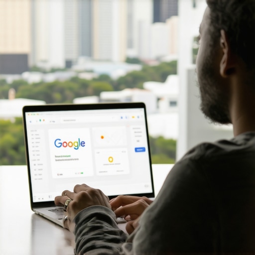 Digital marketing professional optimizing Google My Business listing with Honolulu skyline