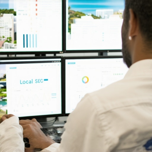 Analyzing Local SEO Data in Honolulu Person reviewing Honolulu local SEO analytics on computer monitors with cityscape behind