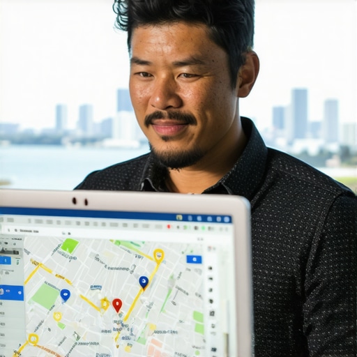Hawaii Business and Google Maps Data Analysis Hawaii business owner reviewing maps and SEO data with Honolulu skyline behind.