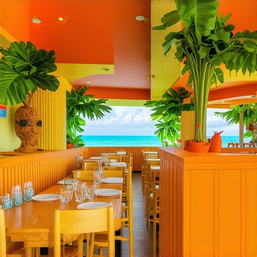 Hawaii-themed restaurant interior with tropical decor and ocean view