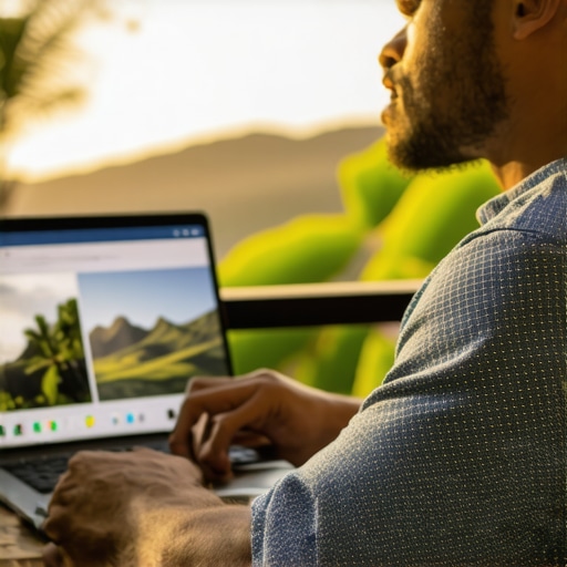 Hawaiian Business and SEO Tools Business owner in Hawaii working on local SEO strategies using a laptop with scenic Hawaiian landscape in background