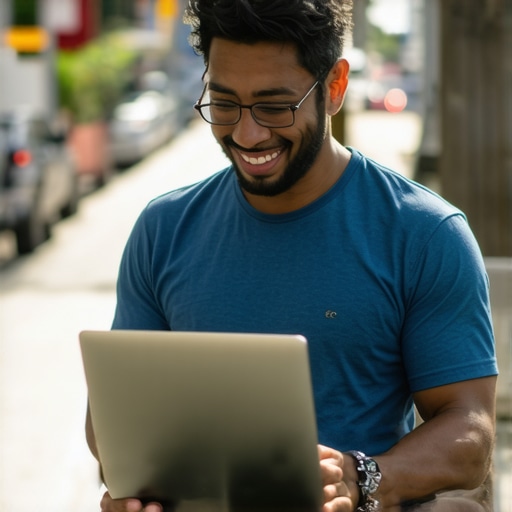 Business owner updating Google My Business profile on laptop in Honolulu with Hawaiian scenery