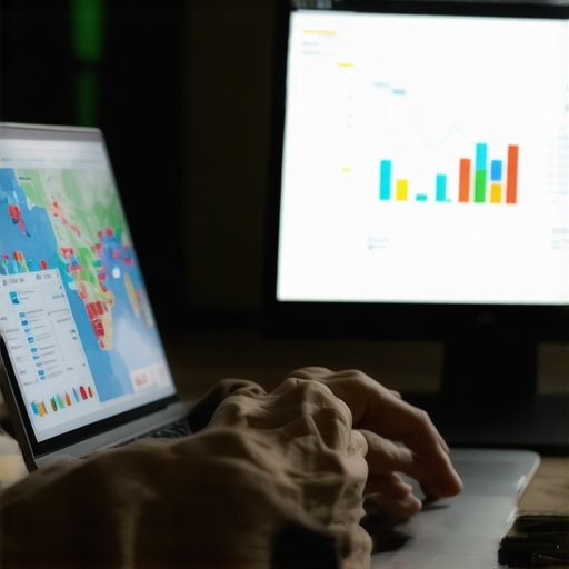 Individual analyzing local SEO metrics on a laptop with Hawaii background.