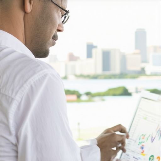 Monitoring Honolulu Maps SEO Business owner analyzing local SEO data with Honolulu skyline behind