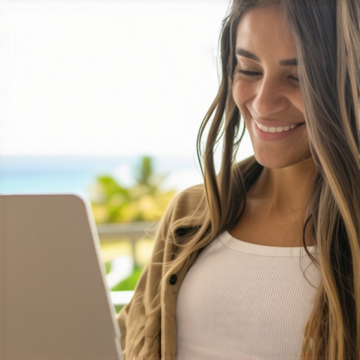 Updating Honolulu Business Profile Woman editing her business profile on a laptop with Hawaiian scenery