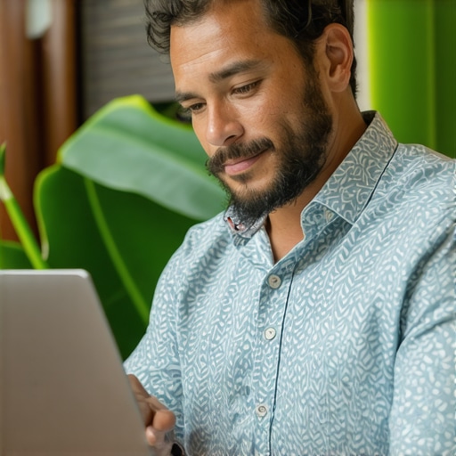 Hawaiian entrepreneur analyzing local SEO strategies on a laptop with a tropical backdrop.