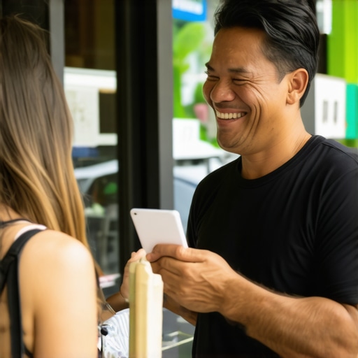 Happy business owner in Honolulu getting positive customer review