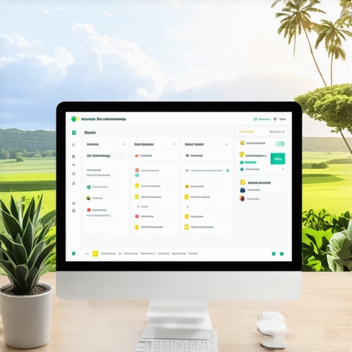 A computer workspace with local SEO software open, Hawaiian scenery visible outside the window