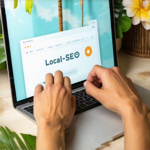 Person managing local SEO tools on a laptop with Hawaii decor