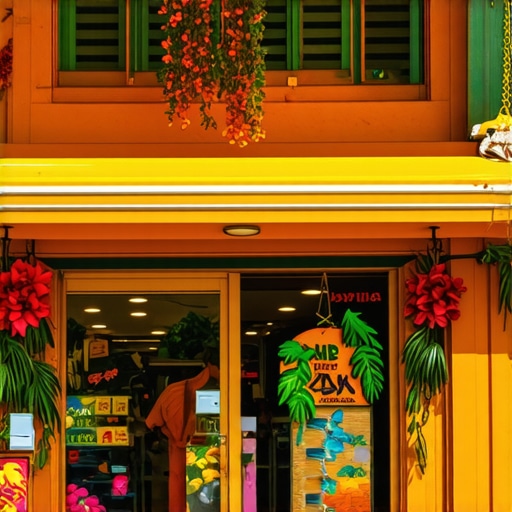 Vibrant Honolulu Business Honolulu storefront decorated with Hawaiian themes showing busy shoppers