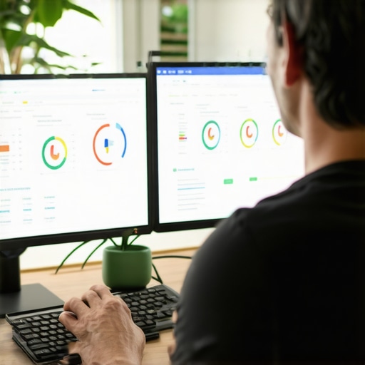 Digital marketer reviewing local search reports on Hawaii-themed office setup.