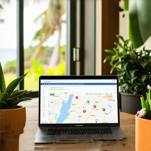 A Honolulu-based digital marketing office showing Google Maps analytics on a laptop with tropical decor.