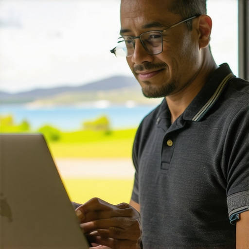 Small business owner in Honolulu updating Google Maps profile on laptop with ocean view.