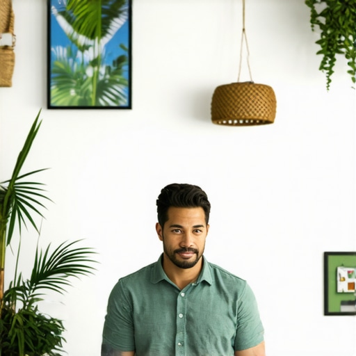 Business owner optimizing Google My Business profile in Honolulu with tropical background.