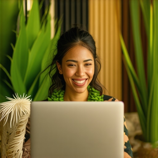 Honolulu shop owner working on Google My Business profile with Hawaiian background