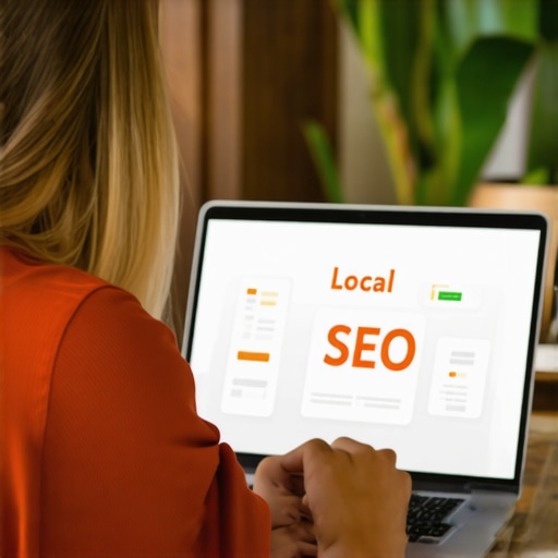 Person using SEO software on laptop with Hawaii decor behind