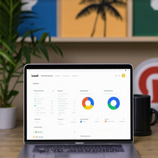 Laptop screen showing SEO analytics with Hawaii-themed office decor