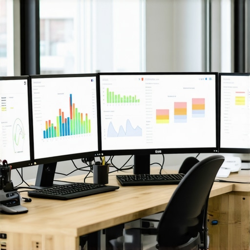 Desk with computers and SEO analytics dashboards