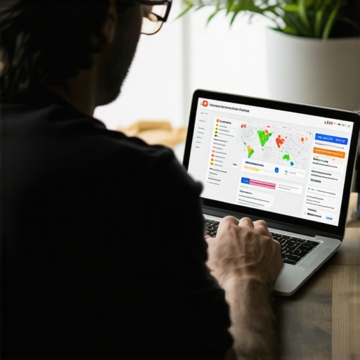 Hawaii business owner reviewing local SEO metrics with a laptop, Hawaii map and search analytics
