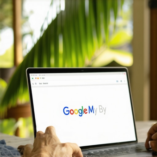 Hawaii entrepreneur optimizing Google My Business profile on laptop with tropical background