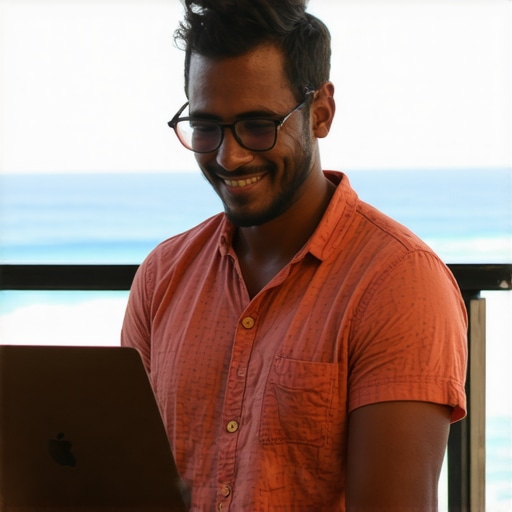 Hawaii business owner editing Google My Business profile with ocean view