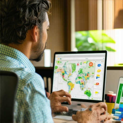 Businessman using SEO tools with Hawaii decor in the background.