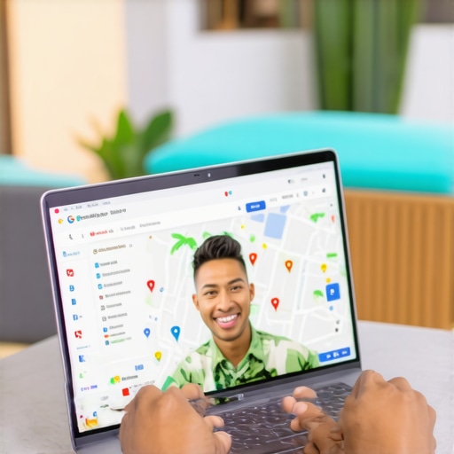 Hawaiian business owner working on Google Maps profile optimization with tropical interior.