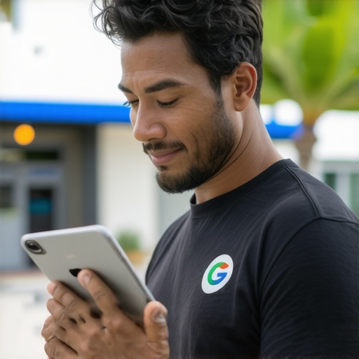 Business owner optimizing Google My Business profile on a tablet in front of a Hawaii shop
