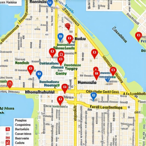 Colorful map of Honolulu showing local business locations and SEO indicators
