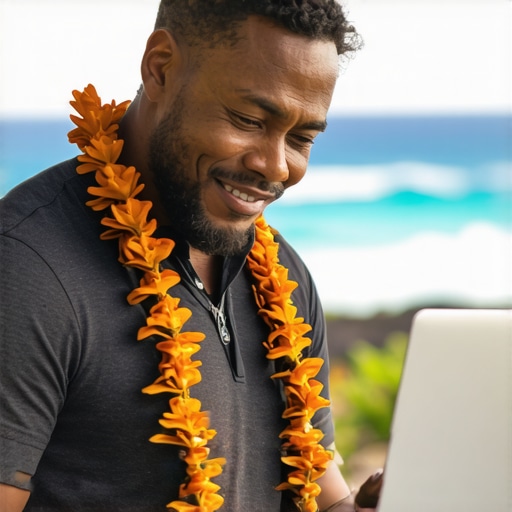 Hawaii business owner working on Google My Business profile with ocean view