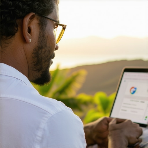 Hawaii business owner editing GMB profile with scenic island background.