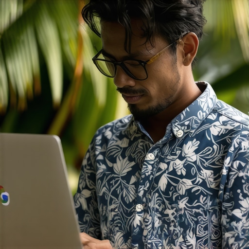 Hawaii business owner optimizing Google My Business profile on laptop with palms