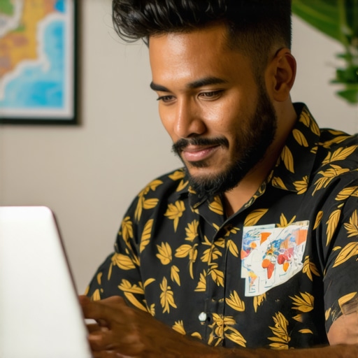 A Hawaiian entrepreneur analyzing local map rankings and analytics on a laptop