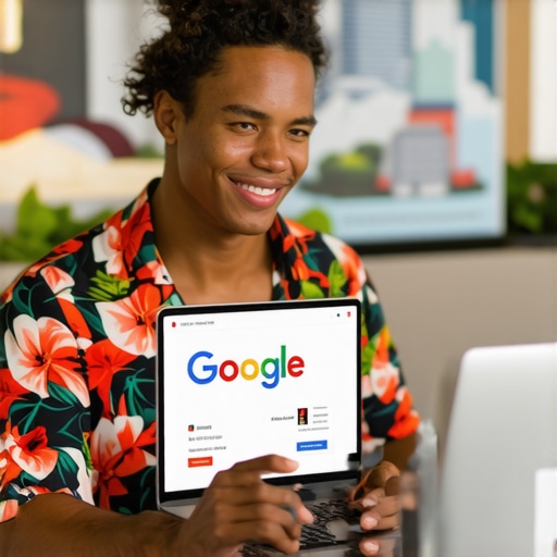 Business owner optimizing Google My Business profile with Honolulu skyline in background.