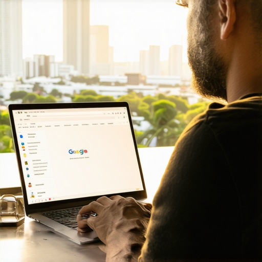 Honolulu business owner optimizing GMB profile on laptop in city