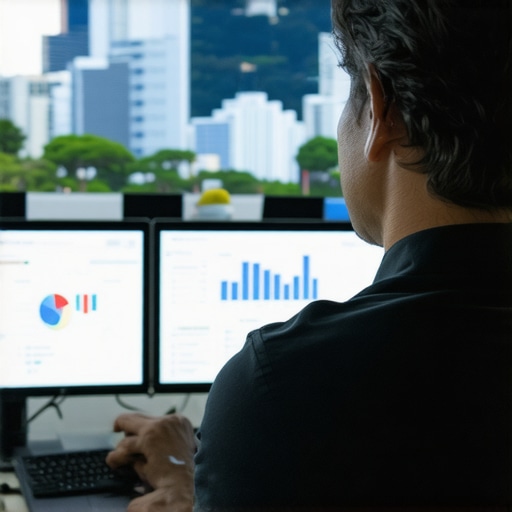 Honolulu SEO tools in action Person reviewing local SEO analytics on computer with Honolulu skyline.
