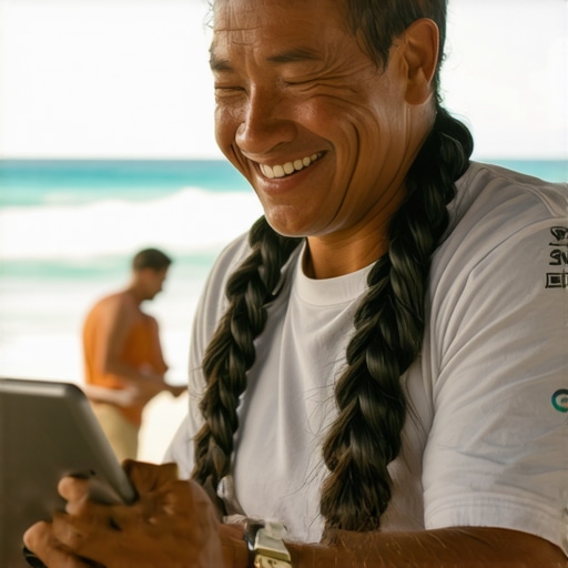 Hawaiian business owner enhancing Google My Business listing with Waikiki beach scene